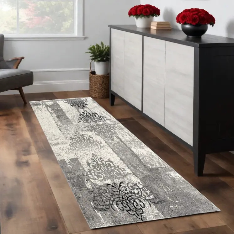 2' X 8' Gray Faded Filigree Pattern Runner Rug