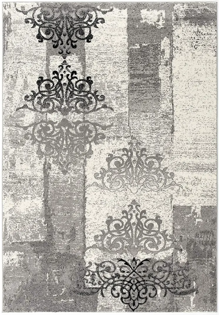 3' X 5' Gray And Ivory Damask Distressed Area Rug