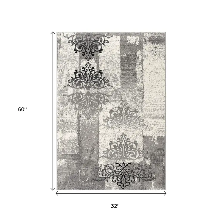 3' X 5' Gray And Ivory Damask Distressed Area Rug