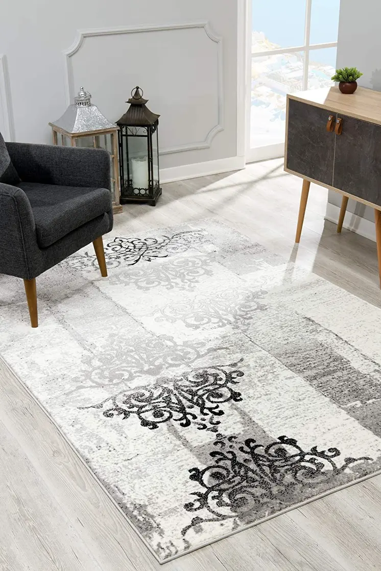 8' X 10' Gray Damask Dhurrie Area Rug