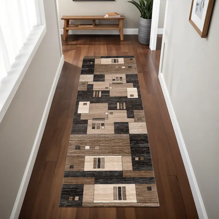 8' Brown and Black Abstract Power Loom Runner Rug