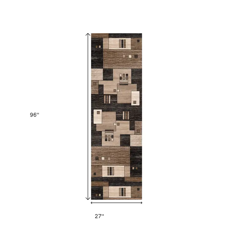 8' Brown and Black Abstract Power Loom Runner Rug