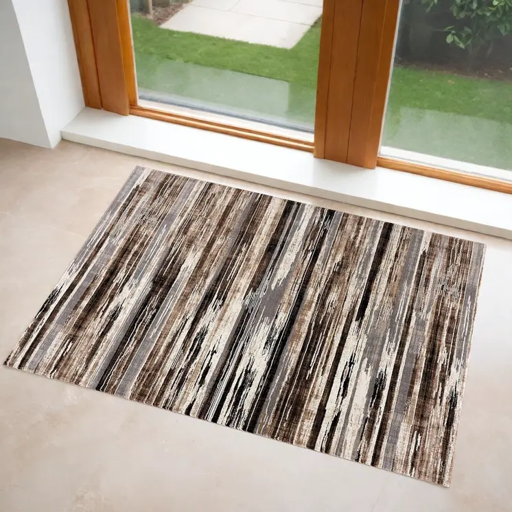 3' X 5' Beige Striped Power Loom Area Rug