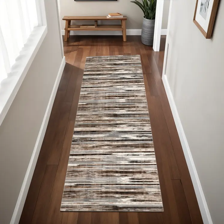 8' Beige Striped Dhurrie Runner Rug