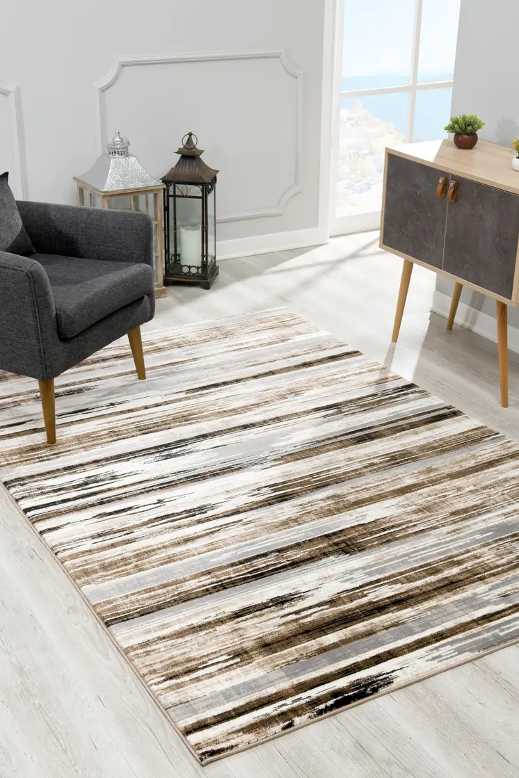 5' X 7' Beige Striped Dhurrie Area Rug