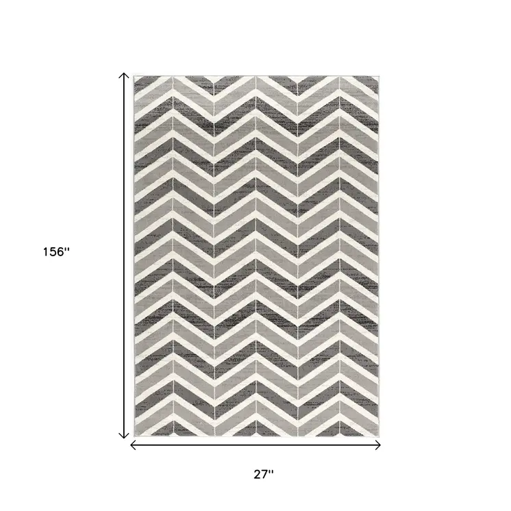 13' Gray And Ivory Chevron Distressed Runner Rug