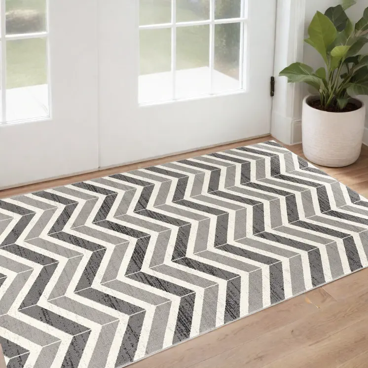 2' X 4' Gray And Ivory Chevron Distressed Area Rug