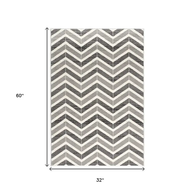 3' X 5' Gray And Ivory Chevron Distressed Area Rug