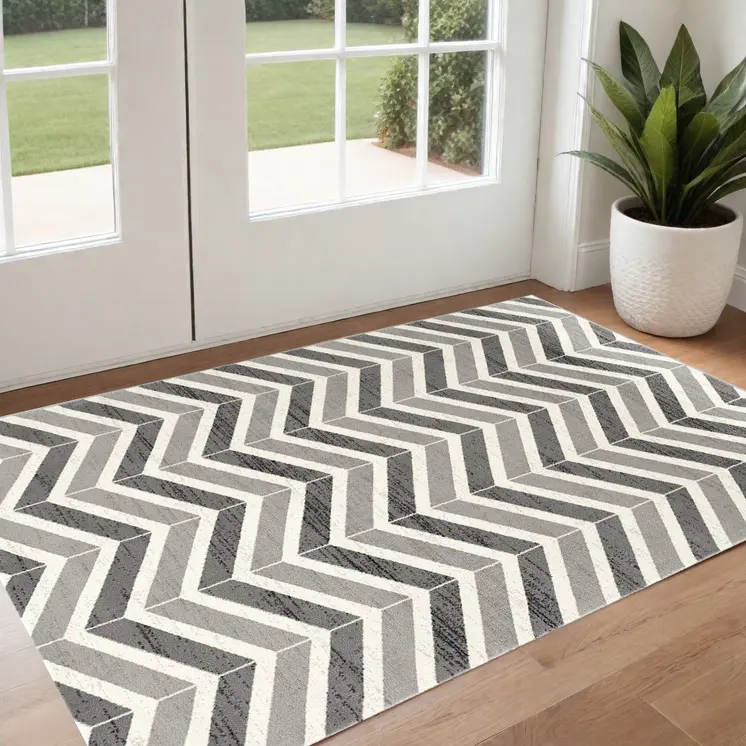 3' X 5' Gray And Ivory Chevron Distressed Area Rug