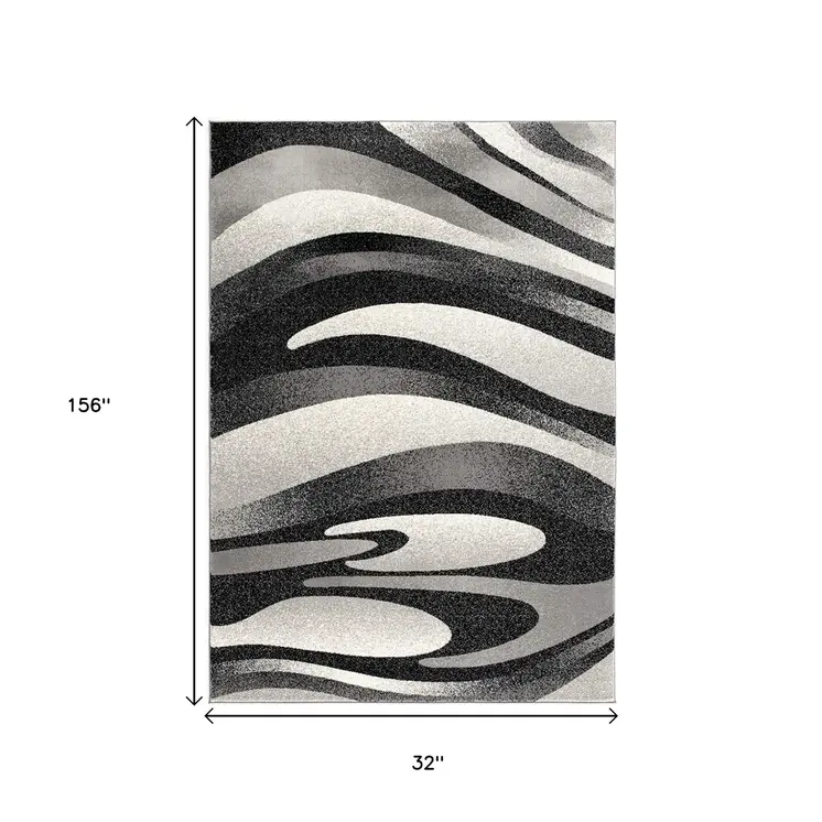13' Black And Gray Abstract Shag Runner Rug