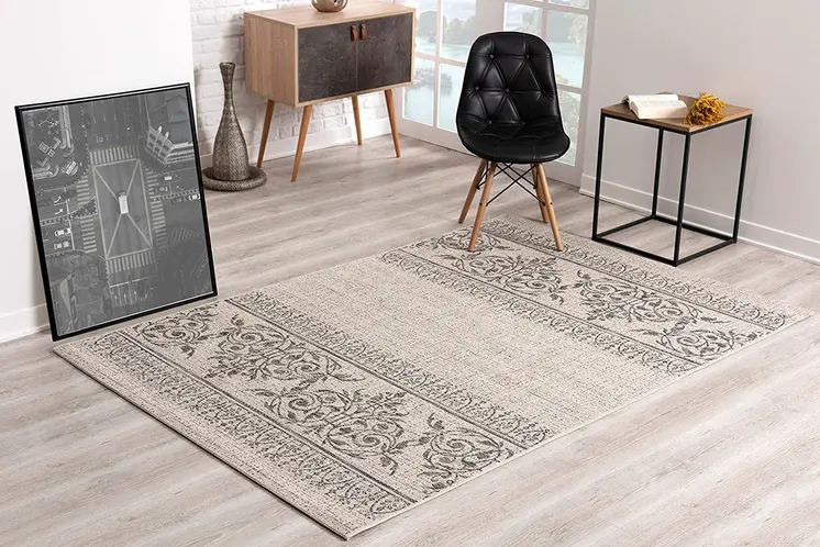 5' X 7' Ivory and Gray Ikat Non Skid Area Rug