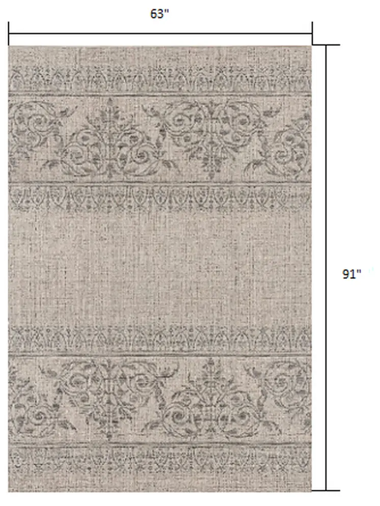 5' X 7' Ivory and Gray Ikat Non Skid Area Rug