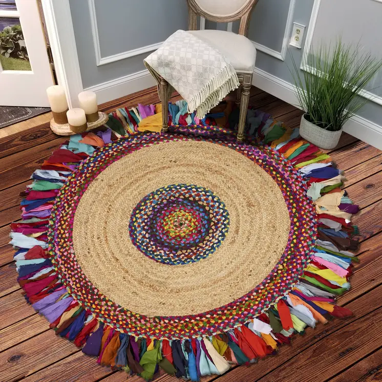 6' Blue And Red Jute Hand Woven Round Rug