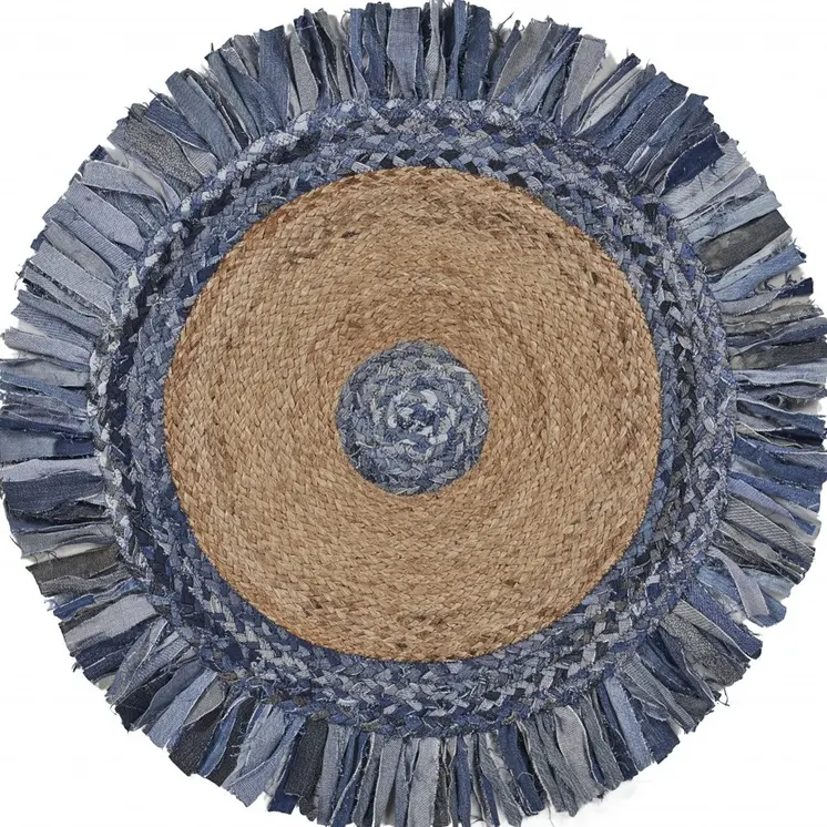 4' Blue And Beige Hand Woven Round Rug