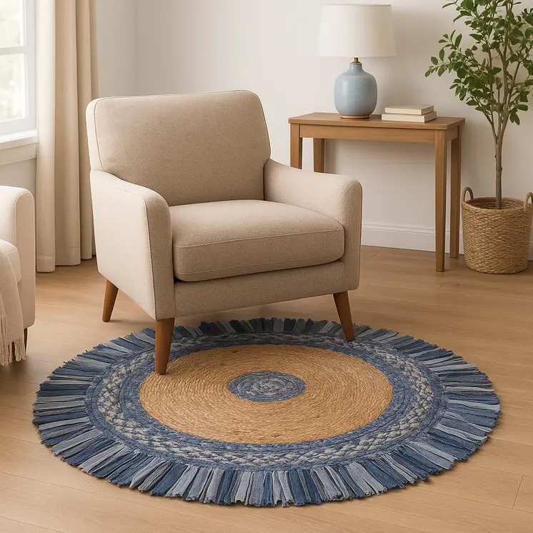 4' Blue And Beige Hand Woven Round Rug