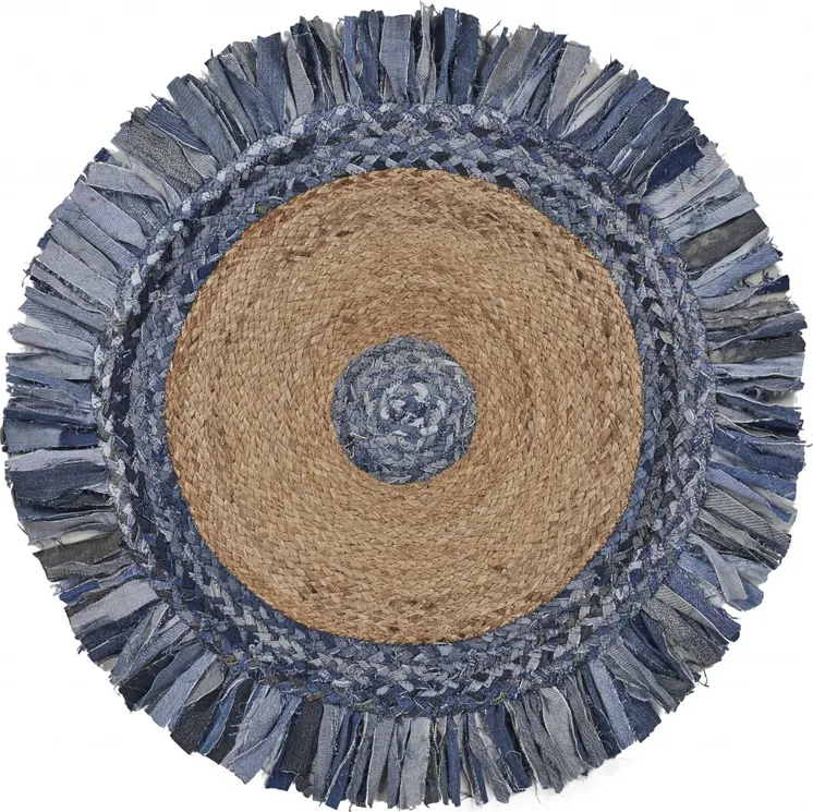 6' Blue And Beige Hand Woven Round Rug