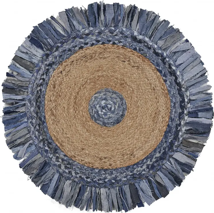 6' Blue And Beige Hand Woven Round Rug
