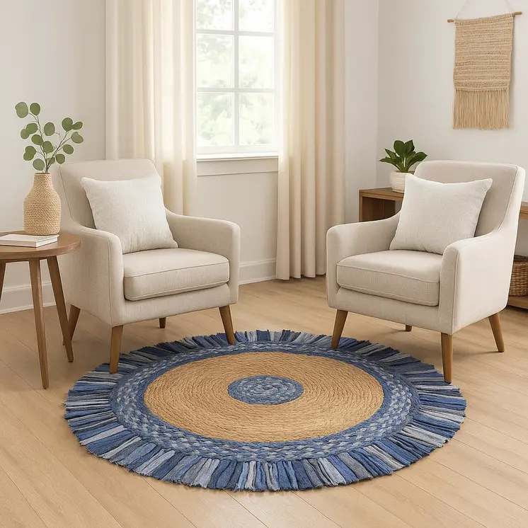 6' Blue And Beige Hand Woven Round Rug