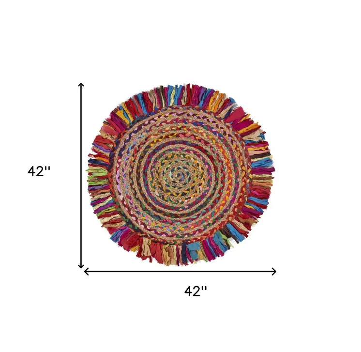 4' Rainbow Hand Woven Round Rug With Fringe