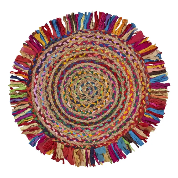 4' Rainbow Hand Woven Round Rug With Fringe