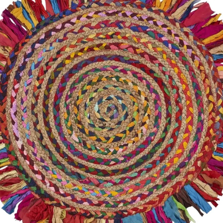 4' Rainbow Hand Woven Round Rug With Fringe