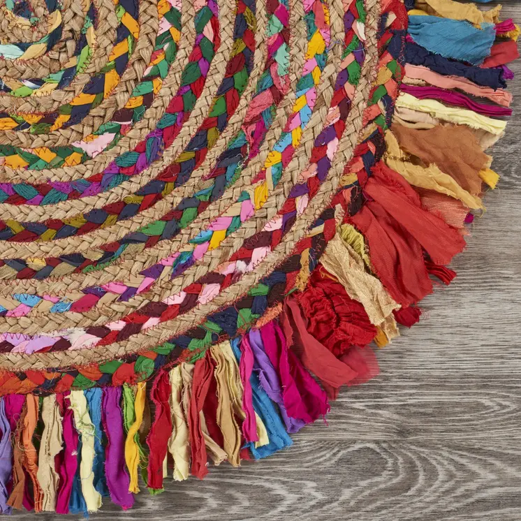 4' Rainbow Hand Woven Round Rug With Fringe