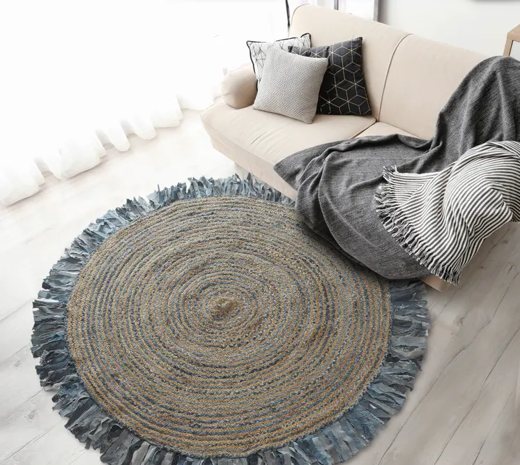 4' Blue And Beige Hand Woven Round Rug