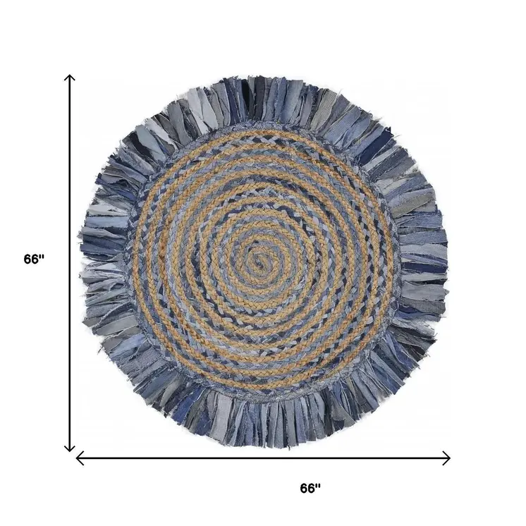 6' Blue And Beige Hand Woven Round Rug
