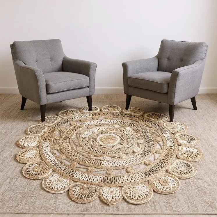 6' Beige Jute Abstract Geometric Hand Braided Round Rug