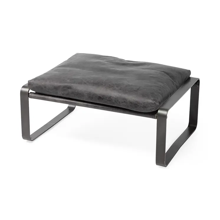 27" Black Genuine Leather Ottoman