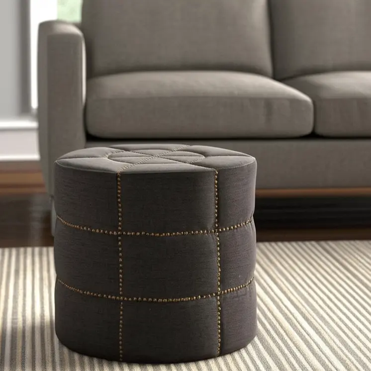 20" Gray Fabric Tufted Round Footstool
