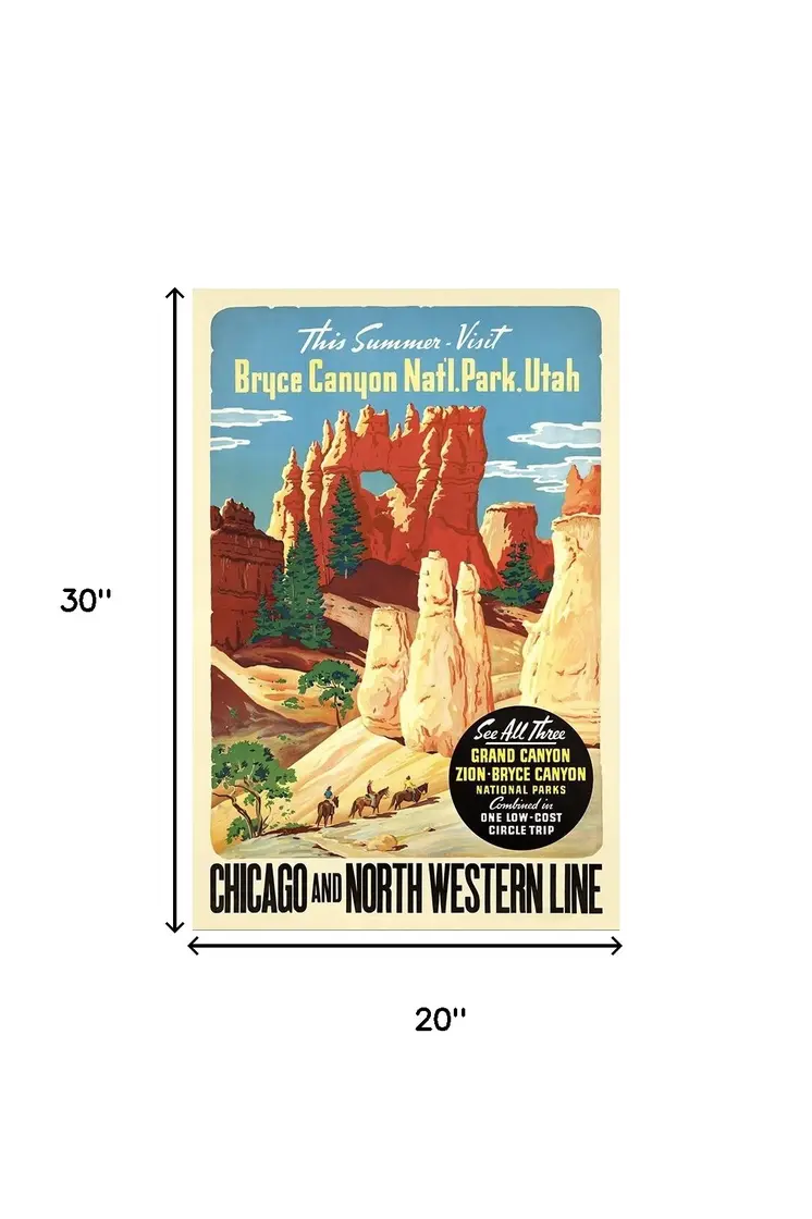 20" X 30" Vintage 1950S Bryce Canyon National Park Wall Art