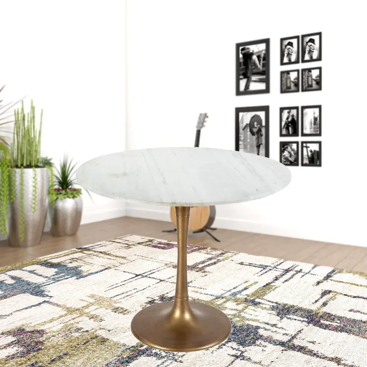36" Modern White Marble and Burnished Gold Pedestal Bistro Table