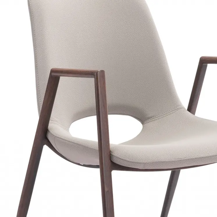 Set of Two Beige and Brown Upholstered Faux Leather Dining Arm Chairs