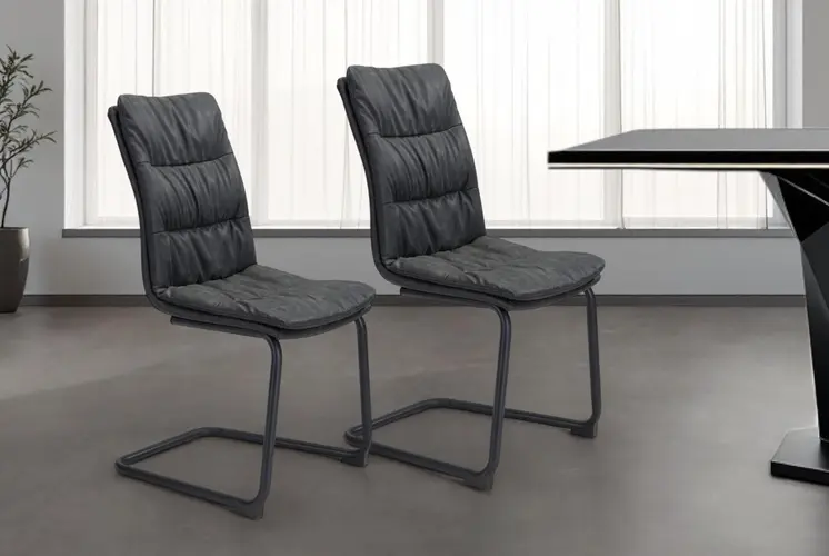 Set of Two Tufted Black Upholstered Faux Leather Dining Side Chairs