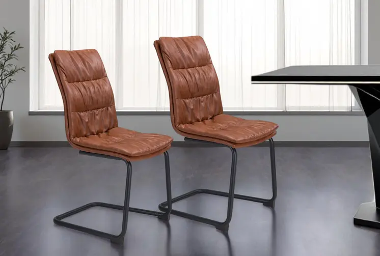 Set of Two Tufted Brown And Black Slipcovered Upholstered Faux Leather Dining Side Chairs