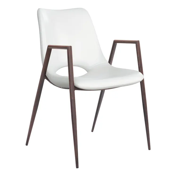 Set of Two White and Brown Upholstered Faux Leather Open Back Dining Arm Chairs