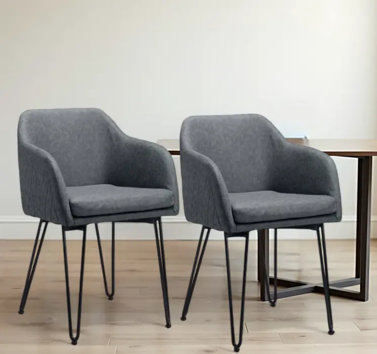 Set of Two Gray and Black Upholstered Faux Leather Dining Arm Chairs