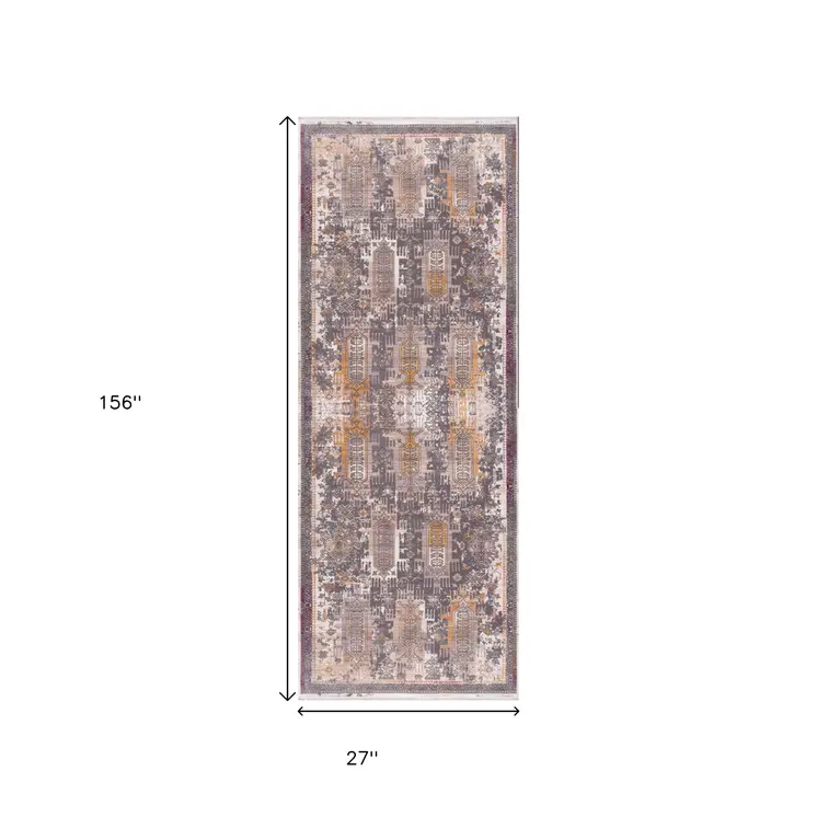 13' Gray And Ivory Oriental Runner Rug