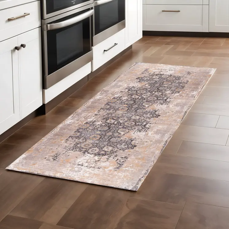 8' Gray And Ivory Oriental Distressed Runner Rug