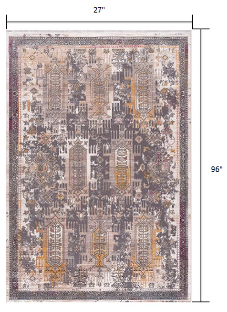 8' Gray And Ivory Oriental Distressed Runner Rug