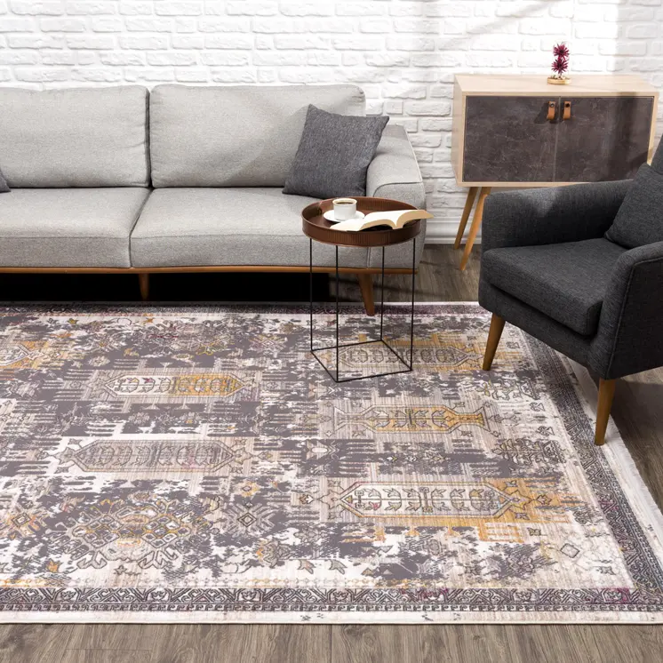 4' X 6' Gray and Ivory Oriental Power Loom Distressed Area Rug