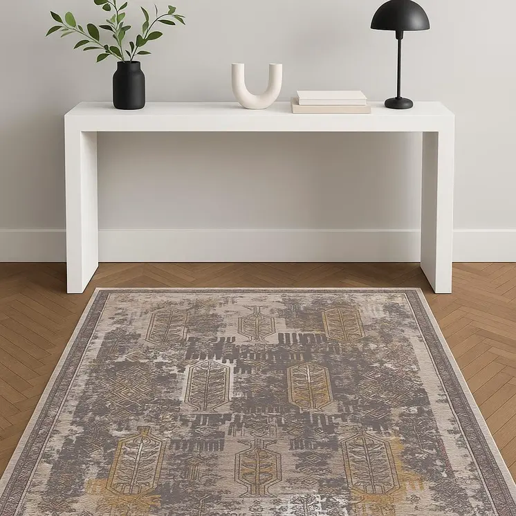 4' X 6' Gray and Ivory Oriental Power Loom Distressed Area Rug