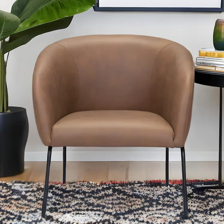 28" Brown And Black Faux Leather And Upholstered Club Chair