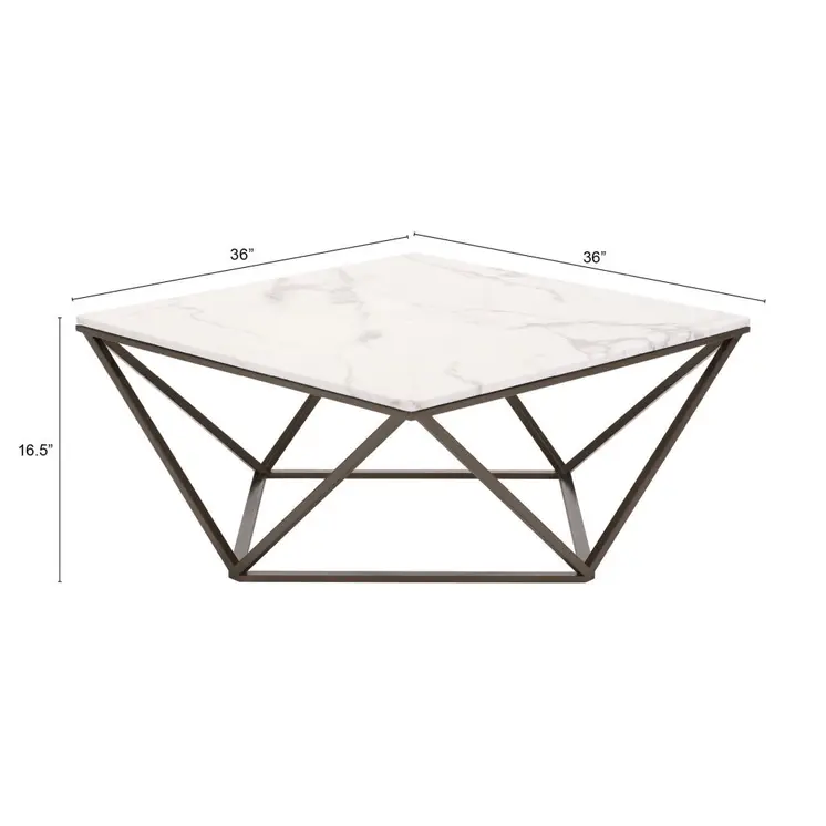 36" White and Antiqued Brass Faux Marble And Steel Square Abstract Coffee Table