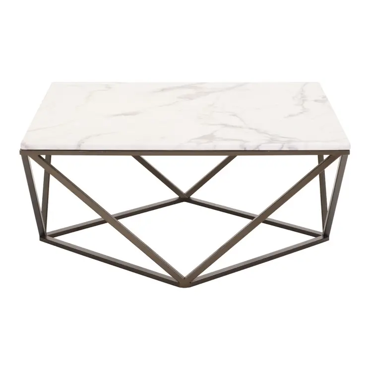 36" White and Antiqued Brass Faux Marble And Steel Square Abstract Coffee Table
