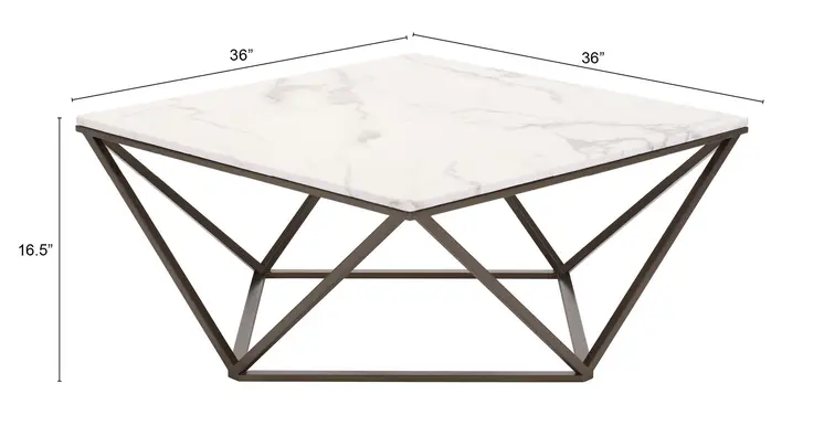 36" White and Antiqued Brass Faux Marble And Steel Square Abstract Coffee Table