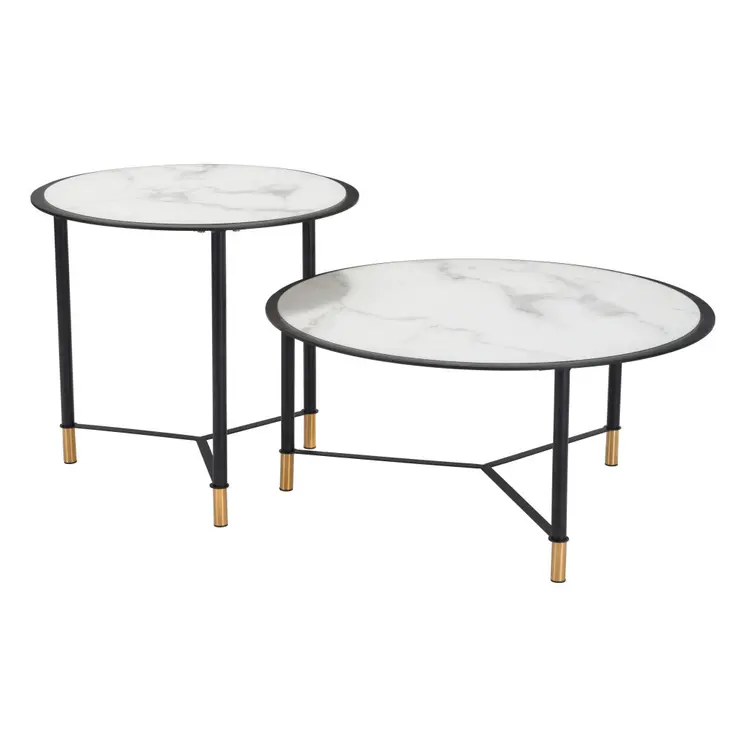 Set of Two White and Black Faux Marble And Glass And Steel Round Bunching Coffee Tables