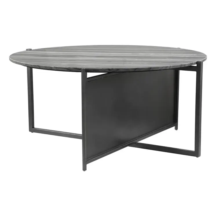 36" Gray and Black Faux Marble And Steel Round Coffee Table