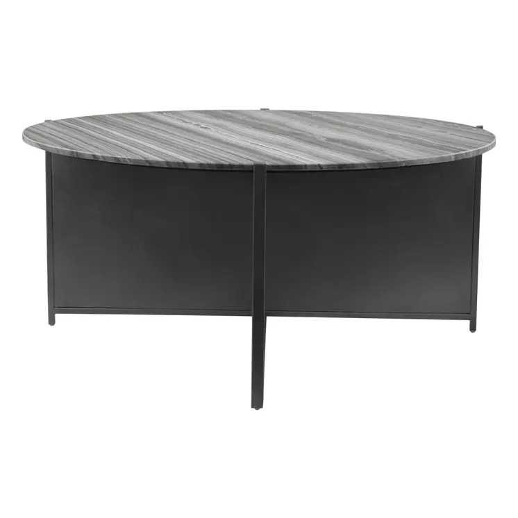 36" Gray and Black Faux Marble And Steel Round Coffee Table